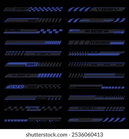 Sports racing stripes. Modern race modification mark, elegant futuristic techno decals for bike car and motorcycle. Vector set. Motor vehicle stickers for tuning isolated collection.