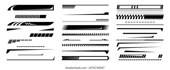 In: Sports Racing Stripes. Vektorgrafik isolierte Satz von Sportwagen, Moto, Bootsaufkleber, gestreifte Fahrzeug Tuning Bars. Tuning Rennsport Aufkleber mit Kopierraum und Bindestrichen. Moderne Modifikation der Einrichtung