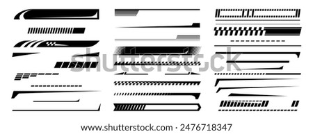 Sports racing stripes. Vector isolated set of sports car, moto, boat stickers, striped vehicle tuning bars. Tuning racing sport decals with copy space and dashes. Modern modification decor