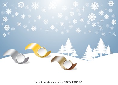 Sports Rank as a metal waves ready for your text  in winter snow landscape with trees and snowflakes