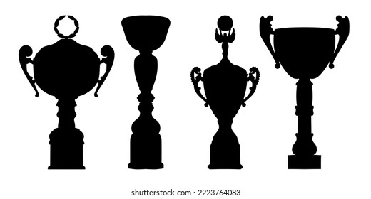 Sports realistic cup trophy winner. Set of premium silhouettes black shape design. Vector illustration