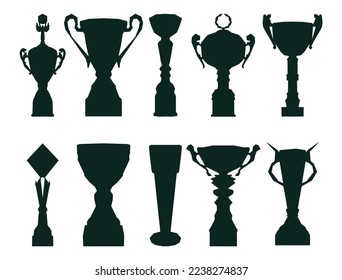 Sports realistic cup trophy winner. Set of premium silhouettes black shape design. Vector illustration