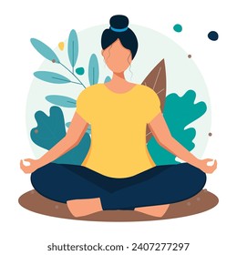 Sports and recreation. A girl meditates against the backdrop of nature. Conceptual illustration for healthy lifestyle, yoga, meditation, relaxation. Vector illustration in flat style.