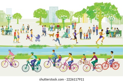 Sports and recreation in the park and cyclists, illustration