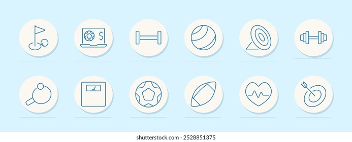 Sports and recreation set icon. Golf, online betting, dumbbell, ball, target, table tennis, scoreboard, soccer ball, football, health, goal, fitness, training, competition, sports betting.