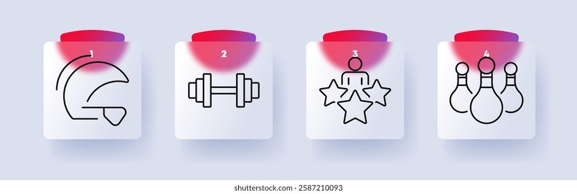 Sports and recreation set icon. Helmet, dumbbells, competition, bowling, fitness, exercise, safety, training, teamwork, sports entertainment, active lifestyle