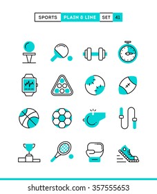 Sports, recreation, work out, equipment and more. Plain and line icons set, flat design, vector illustration