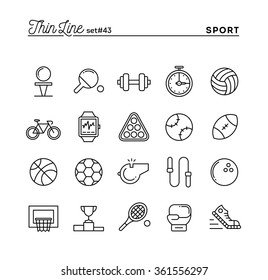 Sports, recreation, work out, equipment and more, thin line icons set, vector illustration