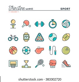 Sports, Recreation, Work Out, Equipment And More, Thin Line Color  Icons Set, Vector Illustration