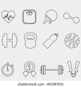 Sports, recreation, work out, equipment and more, thin line icons set, vector illustration