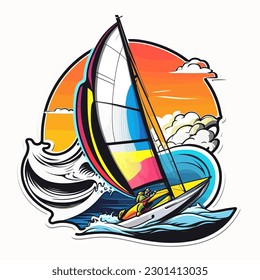 Sports regatta on rough seas. Small sailboats. extreme water sport activity on summertime vacation. cartoon vector illustration, label, sticker, white background