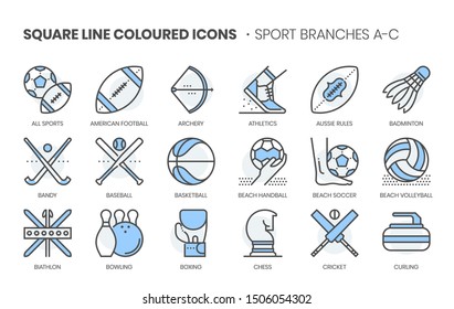 Sports related, square line color vector icon set for applications and website development. The icon set is pixelperfect with 64x64 grid. Crafted with precision and eye for quality.