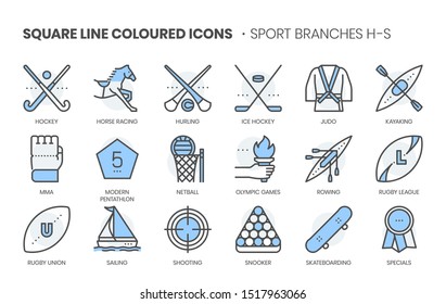 Sports related, square line color vector icon set for applications and website development. The icon set is pixelperfect with 64x64 grid. Crafted with precision and eye for quality.