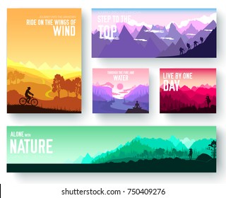 Sports rest day vector brochure cards set.  Tourism on nature template of flyer, magazines, poster, book cover, banners. Active lifestyle invitation concept background. Layout illustration modern page