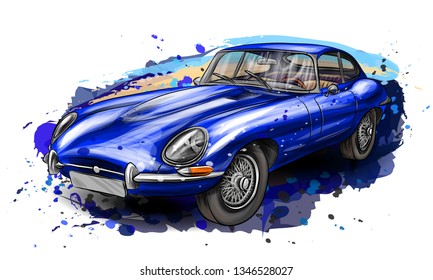 
Sports retro car jaguar e-type blue on a white background with splashes of watercolor.