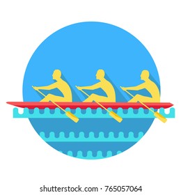 Sports Rowing and canoeing silhouette icon. Three athletes with oars rowing in boat flat vector illustration isolated on white background. Teamwork concept. For business, sportive concept, app, web