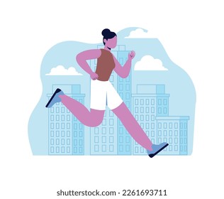 Sports and running concept. Young girl in stylish tracksuit runs along city street. Teenager jogging marathon or sprint. Healthy lifestyle and physical activity. Cartoon flat vector illustration