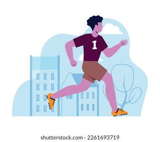 Sports and running concept. Young teenager participating in marathon or jogging competition. Outdoor training or workout. Fitness and active lifestyle. Cartoon flat vector illustration in simple style
