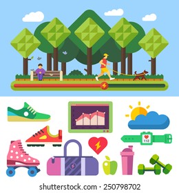 Sports, running, healthy lifestyle, exercise, fitness, proper nutrition, nature, good weather, park. Vector flat illustrations and icon set.