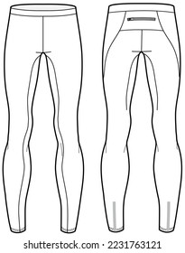 Sports running tights leggings Pants design flat sketch vector illustration drawing.  Compression pants with front and back view for fitness, and active wear pants design.
