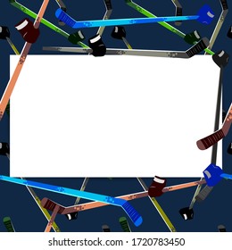 
Sports sale flyer template for labels, photos, elements, notes, lists, etc. Bright hockey sticks on a dark blue background. White sheet of paper. Poster, postcard, label, banner design. Vector.