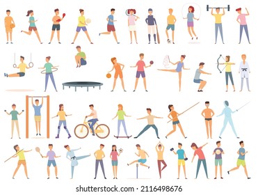 Sports school icons set cartoon vector. Kids tennis. Boy game