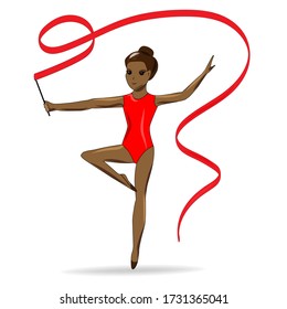 Sports school of rhythmic gymnastics. A young girl gymnast in a red leotard does an exercise with a ribbon