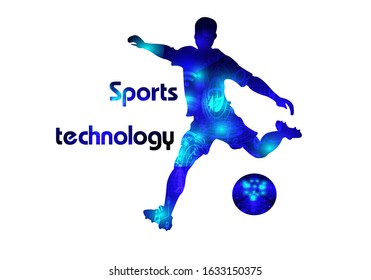 Sports Science Technology Concept. Football Logo Design. Soccer Player Kick The Goal. Various Technological Graphics. V A R, Icon, Exercise, Symbol, Silhouette. Vector Illustration.