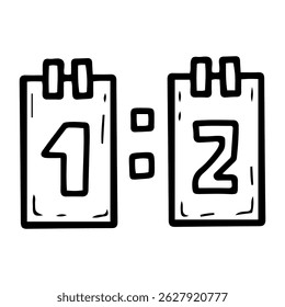 Sports scoreboard. Hand drawn doodle illustration. Game score 1:2. Information board. Playground equipment. Vector line art element.