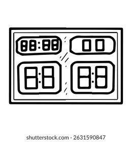 Sports scoreboard. Hand drawn doodle illustration. Game score. Electronic information board. Stadium equipment. Vector line art element.