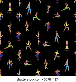Sports seamless background. Girls doing sport exercises. Sporty woman