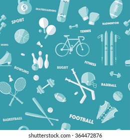 Sports Seamless Pattern. Baseball, Football, Basketball, Tennis, Skiing, Fitness in vector flat style