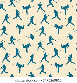 Sports seamless pattern with baseball players. Batters, catchers background, backdrop. Wrapping paper, textile, fabric, kids wallpaper in retro colors