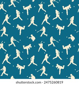 Sports seamless pattern with baseball players. Batters, catchers background, backdrop. Wrapping paper, textile, fabric, kids wallpaper in retro colors