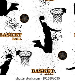 Sports Seamless Pattern With Basketball Players On White Background