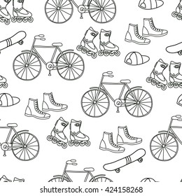 Sports seamless pattern. Bike, roller, skate.