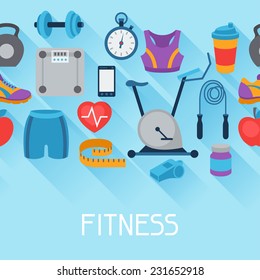 Sports seamless pattern with fitness icons in flat style.