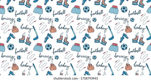 Sports seamless pattern with football, boxing and hockey elements. Vector illustration with cleats, skates, stick, ball, skipping rope and boxing gloves.