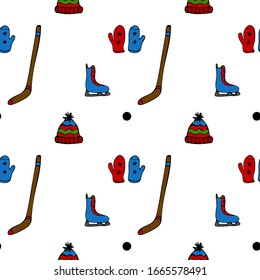 Sports seamless pattern with hockey equipment flat icons. Hand draw pattern