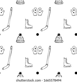 Sports seamless pattern with hockey equipment flat icons. Hand draw pattern