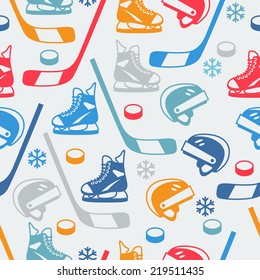 Sports seamless pattern with hockey equipment flat icons.