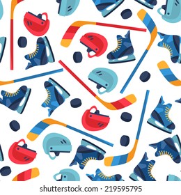 Sports seamless pattern with hockey equipment flat icons.