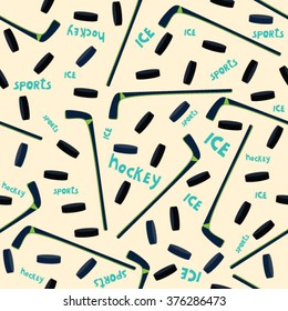 Sports seamless pattern with hockey sticks and a puck. The pattern with the text about sport.