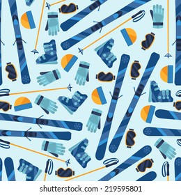 Sports seamless pattern with skiing equipment flat icons.
