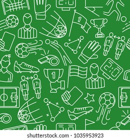 Sports seamless pattern with soccer football symbols in flat style. Sport accessories collection for info graphics, websites and print media. Vector illustration in line style. Editable stroke