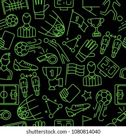 Sports seamless pattern with soccer football symbols in flat style. Sport accessories collection for info graphics, websites and print media. Vector illustration in line style. Editable stroke
