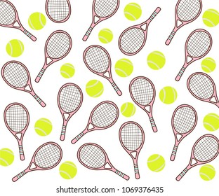 Sports seamless pattern with tennis ball and racket icons in flat design style.