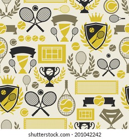 Sports seamless pattern with tennis icons in flat design style.