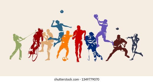 Sports, set of athletes of various sports disciplines. Isolated vector silhouettes. Run, soccer, hockey, volleyball, basketball, rugby, baseball, american football, cycling, golf - Shutterstock ID 1349779070