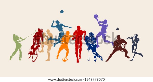 Sports, set of\
athletes of various sports disciplines. Isolated vector\
silhouettes. Run, soccer, hockey, volleyball, basketball, rugby,\
baseball, american football, cycling,\
golf